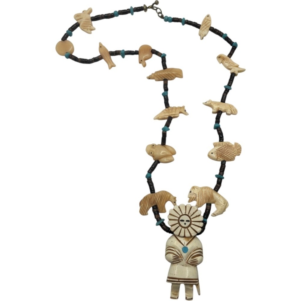 Vintage Zuni Style Bone Fetish Necklace Sunface Maiden Turquoise Heishi 24 Inch